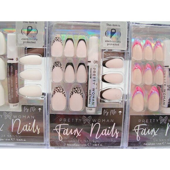 Lot 5 Pretty Woman Multi Style Faux Nails with Glue and Press On Coffin All New - Picture 3 of 11